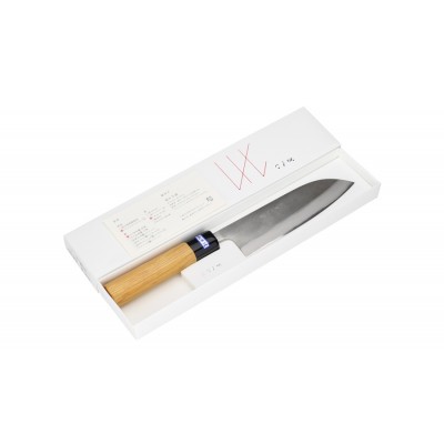 Gihei Hamono Super Aogami Santoku 165mm,Nashiji Finish, Zelkovaholz Verpackung