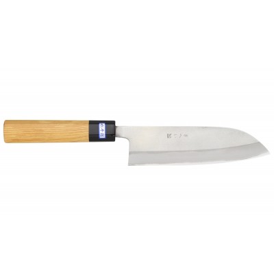 Gihei Hamono Super Aogami Santoku 165mm,Nashiji Finish, Zelkovaholz Vorderseite