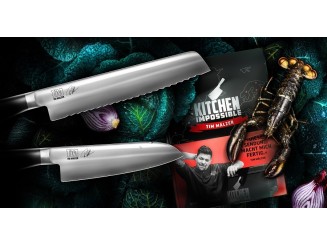KAI Kamagata Tim Mälzer Monster-Set Santoku 18cm, Brotmesser 23cm, Kitchen Impossible Kochbuch